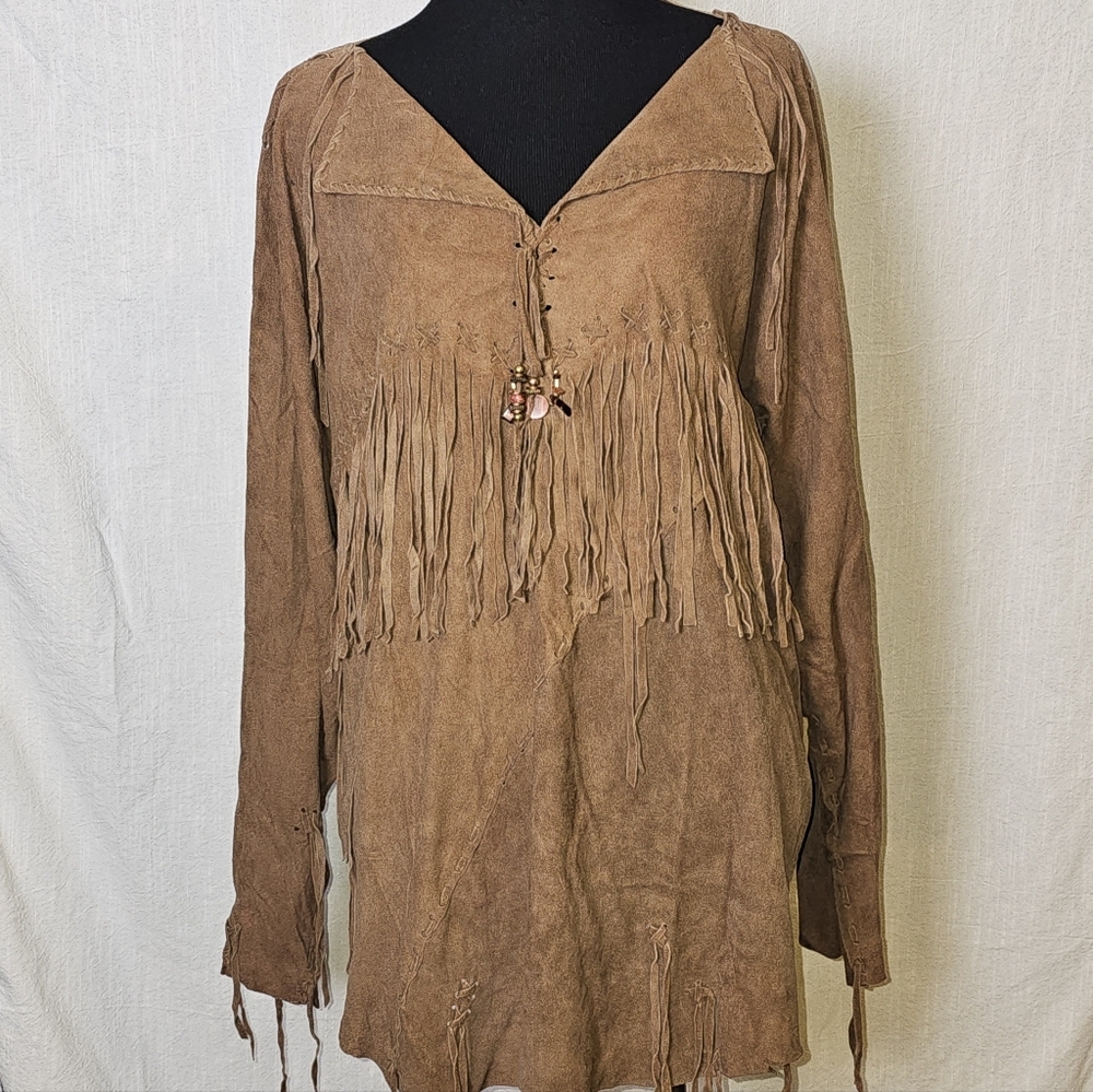 VTG ERDA USA Genuine Suede Fringe Jacket/Tunic,Rare Handmade Rustic Western Boho